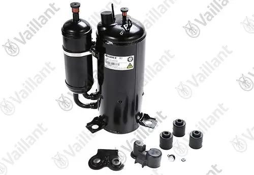 Vaillant Kompressor für Klimaanlagen in schwarzer Ausführung, mit einem zusätzlichen Behälter und mehreren Gummidämpfern im Lieferumfang.